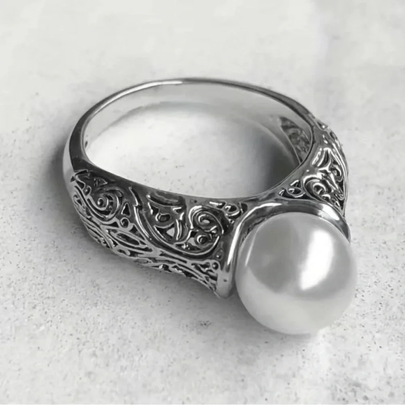 1 LEFT! Vintage Inlaid Silver Pearl Ring - Picture 3 of 4